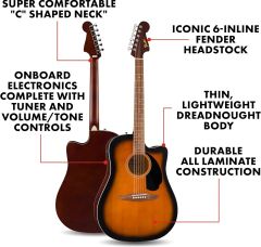 Fender California Debut Redondo Serisi Elektro Akustik Gitar Sunburst