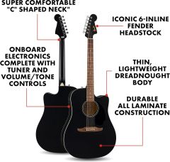 Fender California Debut Redondo Serisi Elektro Akustik Gitar Siyah