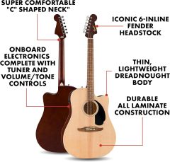 Fender California Debut Redondo Serisi Elektro Akustik Gitar Naturel