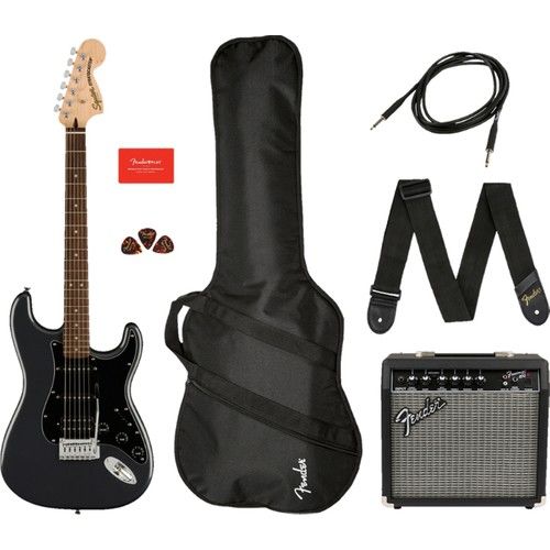 Squier Affinity Strat HSS Frontman 15G Amp Charcoal Frost Metallic Elektro Gitar Seti